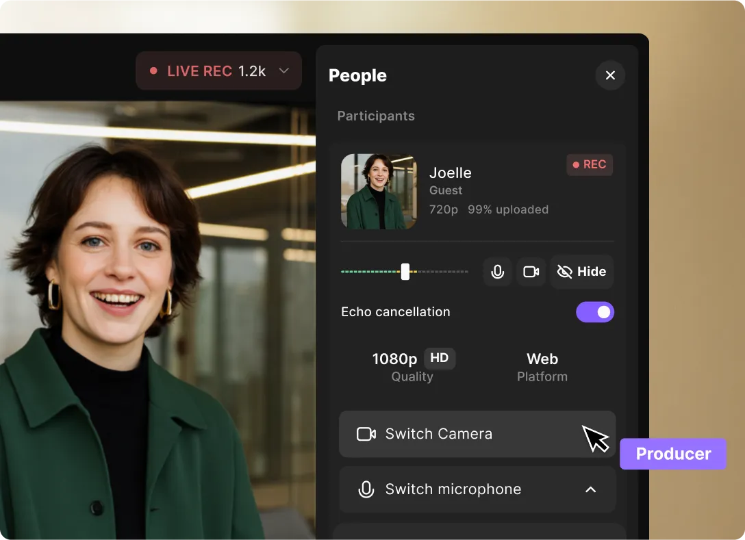 Video conferencing interface showing woman, with participant controls and live recording indicator.